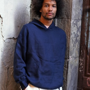 Mens linen hoodie, Oversize blue hoodie with tie on bottom