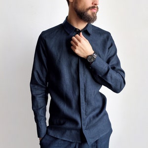 Mens linen shirt, Shirt for men, Dress shirt, Dark Blue shirt, Gift for him, Beach shirt, Wedding linen shirt, Spread Collar shirt