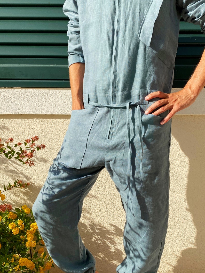 Mens linen jumpsuit, Mens overall, Mens romper, Jumpsuit for men, Blue-grey coveralls, Gift for him, Natural linen jumpsuit, Linen romper image 3