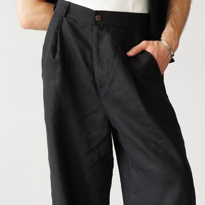 Wide mens linen palazzo pants with pleats, High-waist wide linen joggers, Mens trousers, Loose fit pants, Baggy pants zdjęcie 3