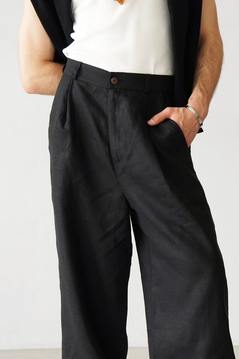 Wide mens linen palazzo pants with pleats, High-waist wide linen joggers, Mens trousers, Loose fit pants, Baggy pants zdjęcie 3