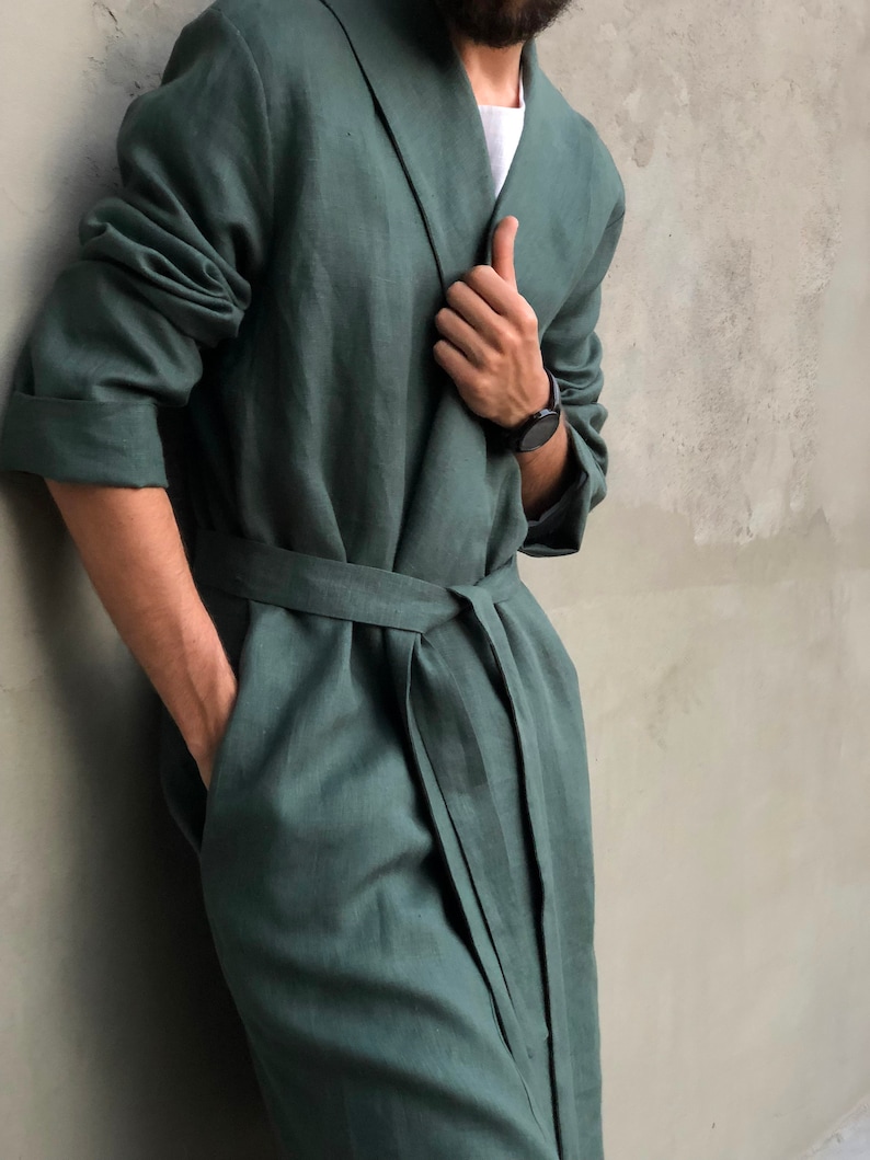 Linen robe for men Natural laungewear Green dressing gown Etsy