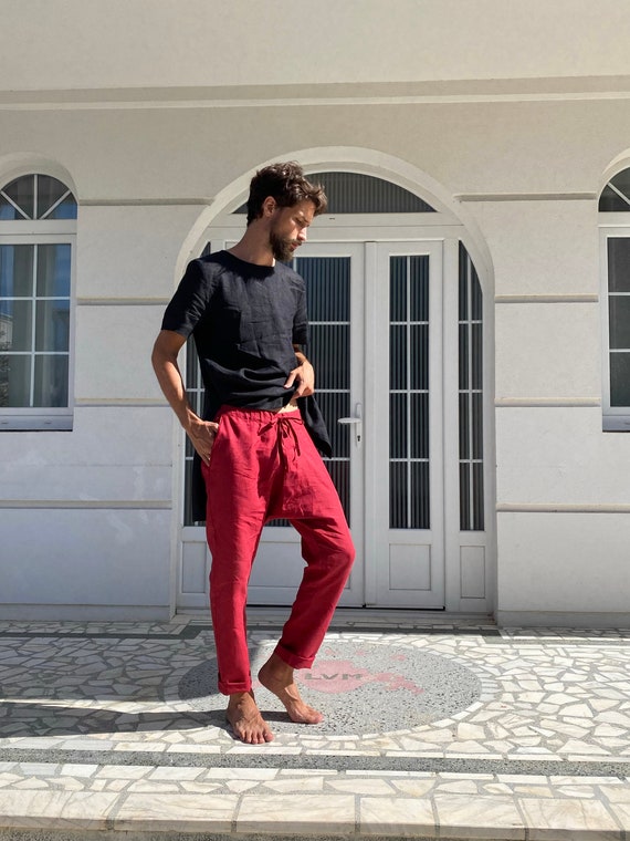 Natürliche Herren Leinenhose, Rote Hose, Lounge Hose, Leinen Jogger,  Herrenhose, Flachshose, Sommerhose, Yogahose, nachhaltige Mode -   Schweiz