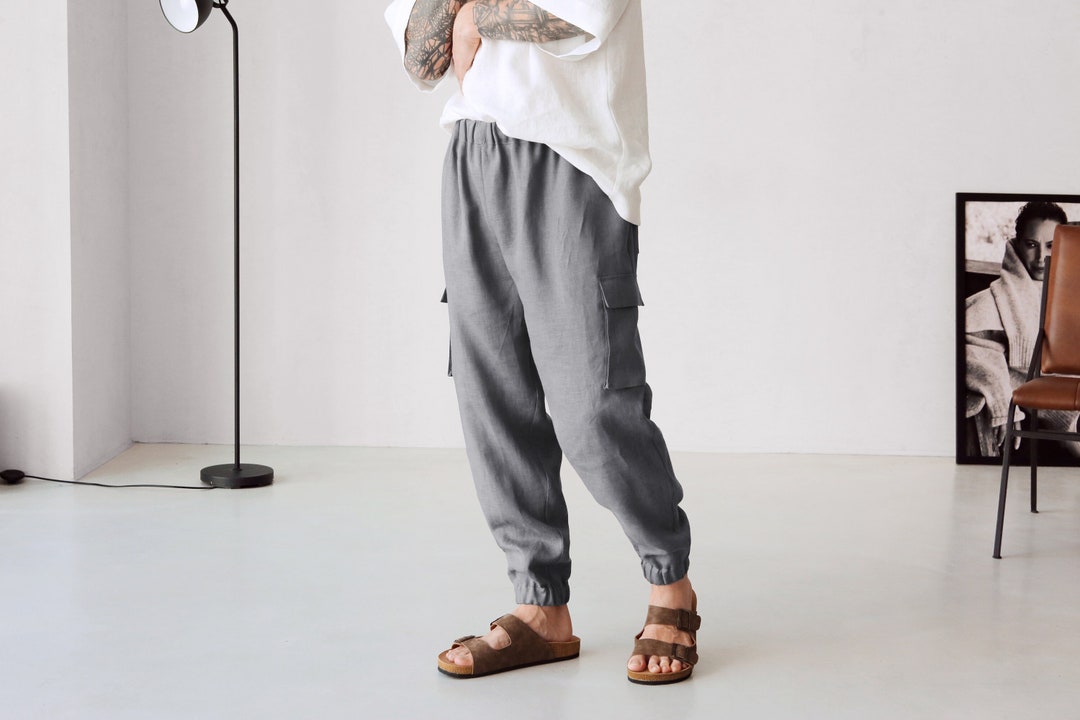 Mens Linen Cargo Pants With Side Pockets, Summer Pants, Dark Grey ...