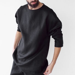 Mens linen oversize sweatshirt, Black sweatshirt, Shirt for men, Mans relax shirt, Black shirt, Beach linen shirt, Linen loungewear zdjęcie 6