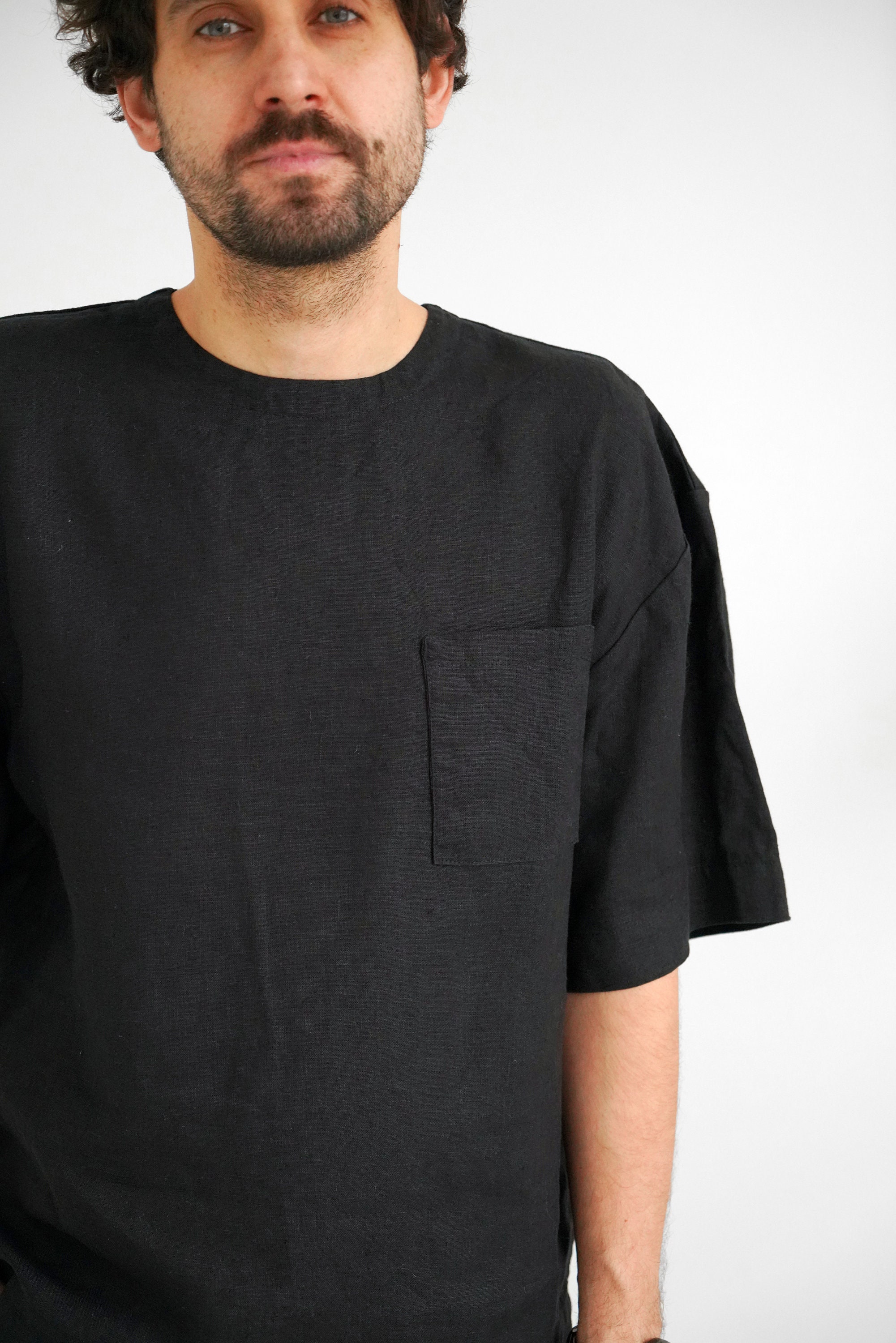 Mens Linen T-shirt, Oversized Black T-shirt, Wide Sleeve T-shirt