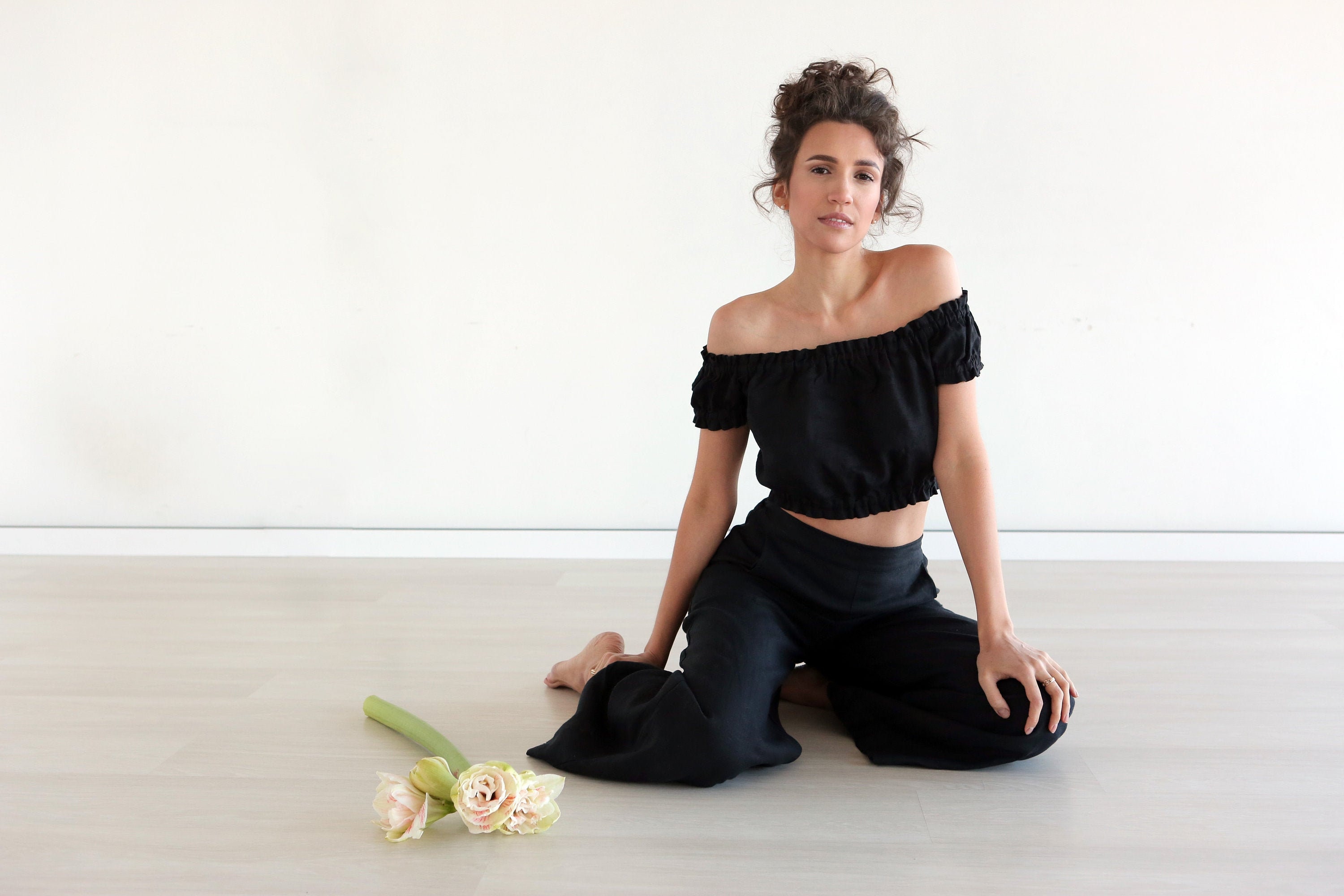 black off the shoulder peasant top
