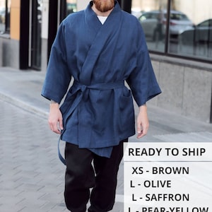 Mens linen kimono, Navy blue kimono men, Handmade cardigan, Linen coat, Linen loungewear, Flax robe, Spa robe