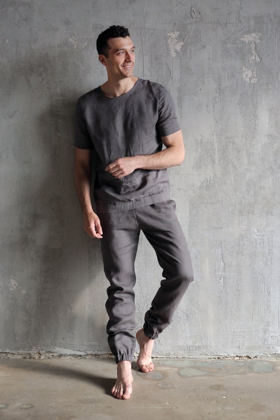 Mens Linen Pants, Lounge Pants, Drawstring Pants, Gray Linen