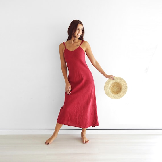 Linen Maxi Dress Summer Dress Red Color Dress With Wings Beach Linen Dress Basic Nightdress Sleeveless Linen Dress Organic Dress Etsy