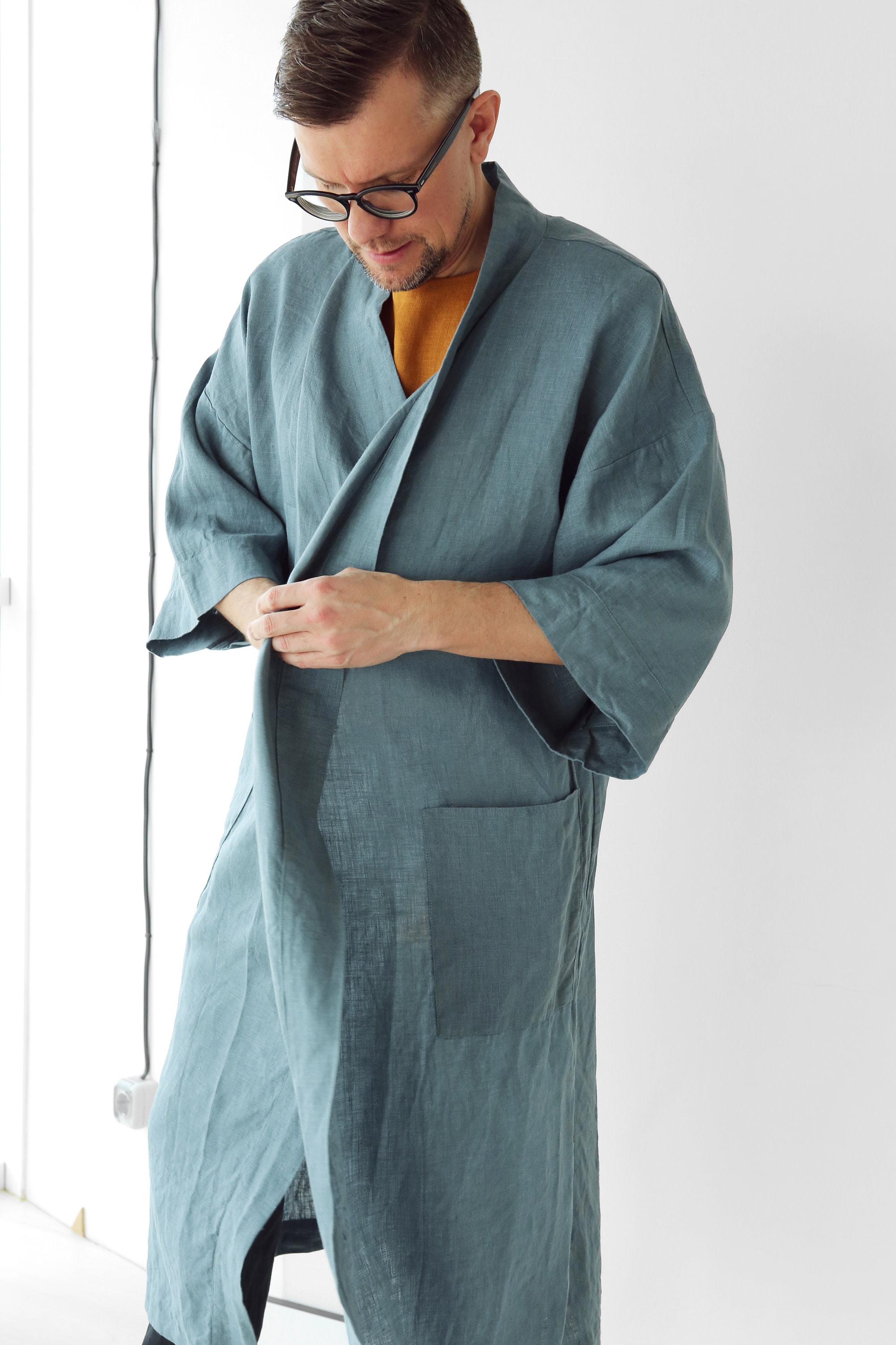 Mens linen kimono Natural laungewear Blue grey kimono men Etsy