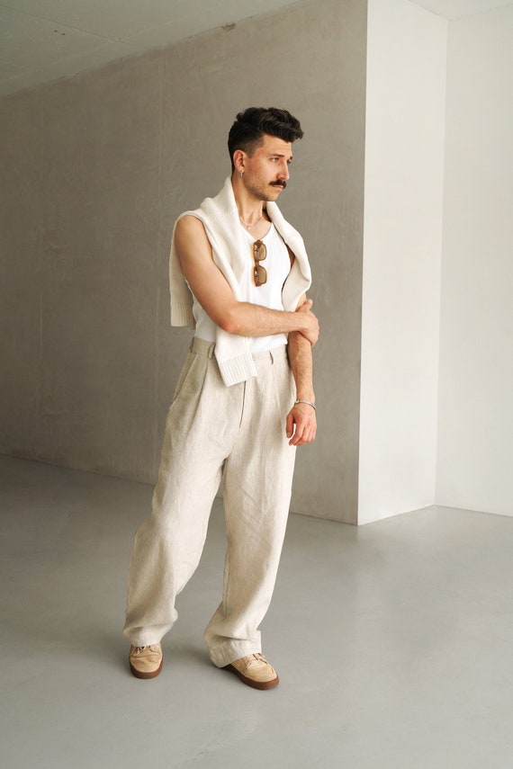 Pantalones palazzo anchos de lino para hombre con pliegues