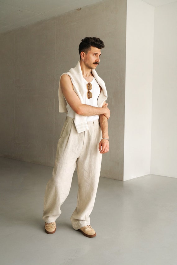 Wide Mens Linen Palazzo Pants With Pleats, High-waist Wide Linen