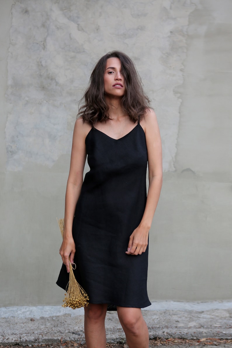 Linen Summer dress Black dress with straps Basic linen Etsy