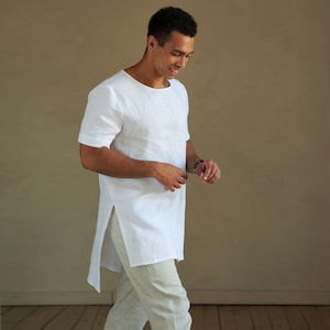Maxi Mens linen t-shirt, Basic t-shirt, Shirt for men, Stylish t-shirt, White t-shirt, Gift for him, Tunic for men, Long shirts