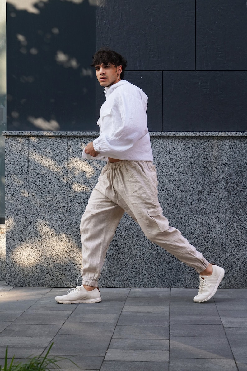Mens linen cargo pants with side pockets, Summer pants, Beige lounge pants, Work trousers, Gift for him, Beach pants, Yoga pants image 1