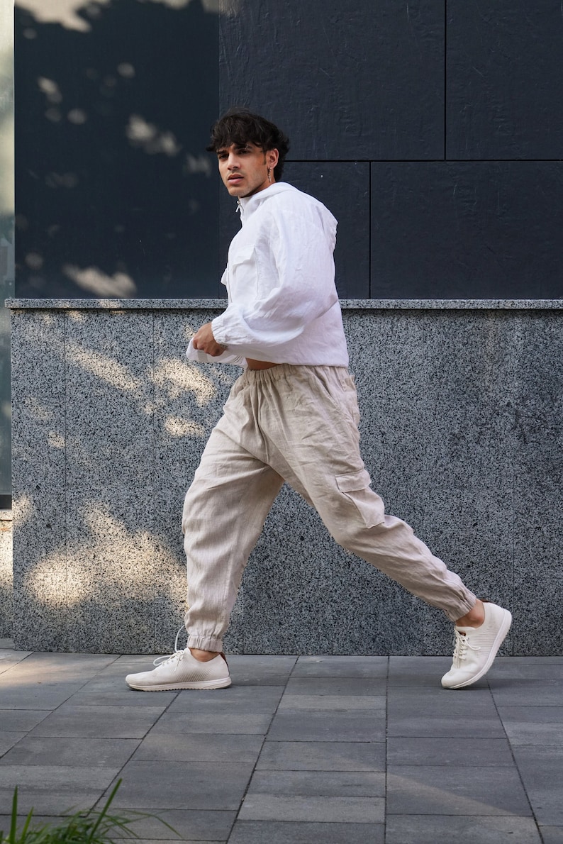 Pantaloni cargo in lino da uomo con tasche laterali, pantaloni estivi, pantaloni lounge beige, pantaloni da lavoro, regalo per lui, pantaloni da spiaggia, pantaloni da yoga immagine 1