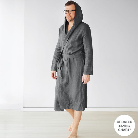 grey hooded dressing gown mens Linen Bathrobe, Dark Robe, Hoodie Bathrobe, for Men, Gift for Him, Natural Loungewear embroidered floral appliqués