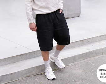Mens Loose-fit Linen Shorts in Black, Below-the-Knee Linen Shorts – Relaxed Fit