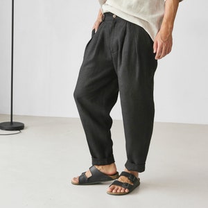 Mens linen pants with pleats, Black linen joggers, Mens trousers, Loose fit pants, Baggy pants