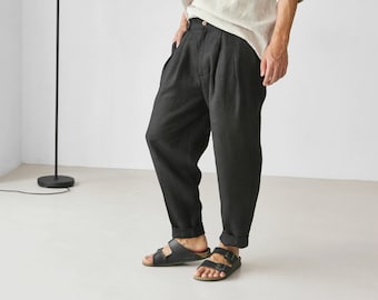 Pantalones de lino para hombre con pliegues, Joggers de lino negro, Pantalones para hombre, Pantalones holgados, Pantalones holgados