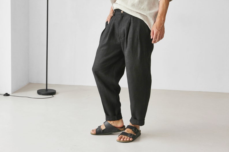 Mens linen pants with pleats, Black linen joggers, Mens trousers, Loose fit pants, Baggy pants image 1