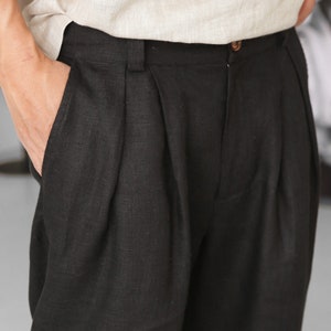 Mens linen pants with pleats, Black linen joggers, Mens trousers, Loose fit pants, Baggy pants image 3