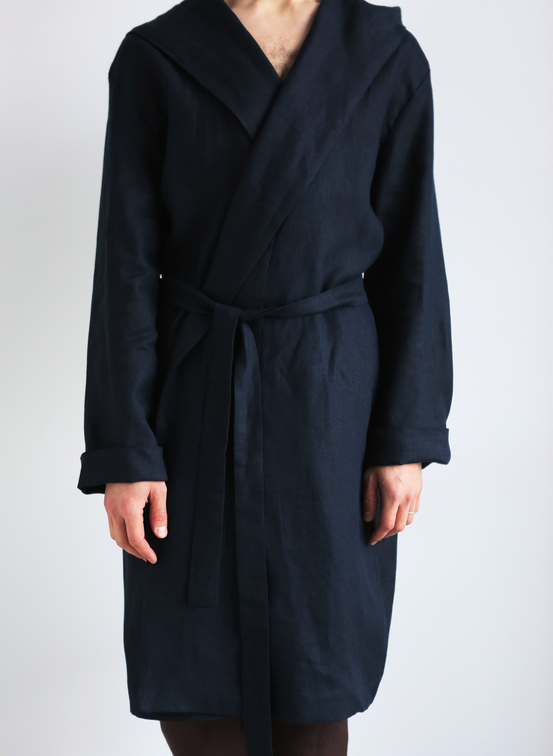 Mens Linen Robe With a Hood Dark Blue Robe Summer Gown Etsy