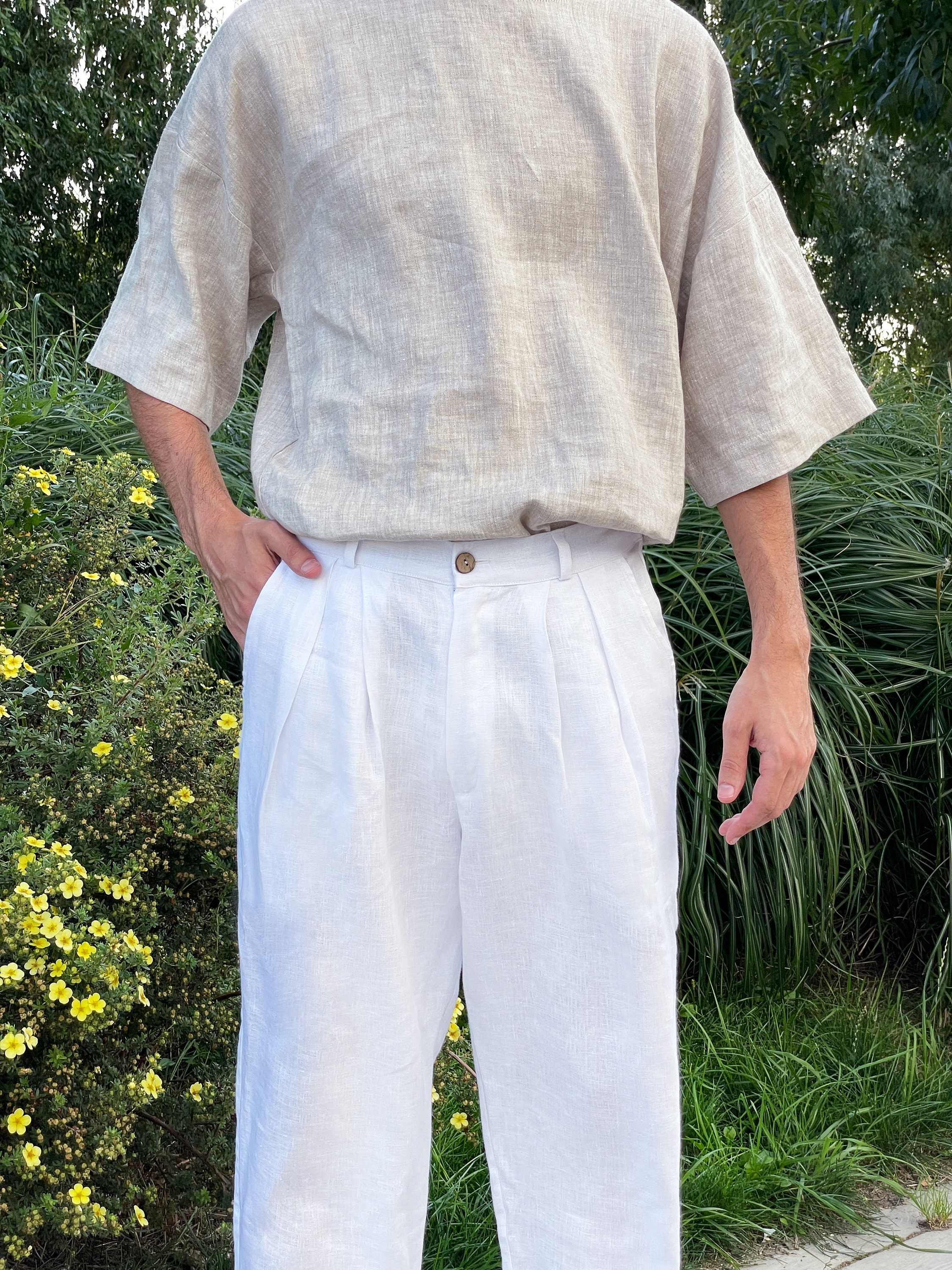 Mens Linen Pants With Pleats White Linen Joggers Mens Etsy
