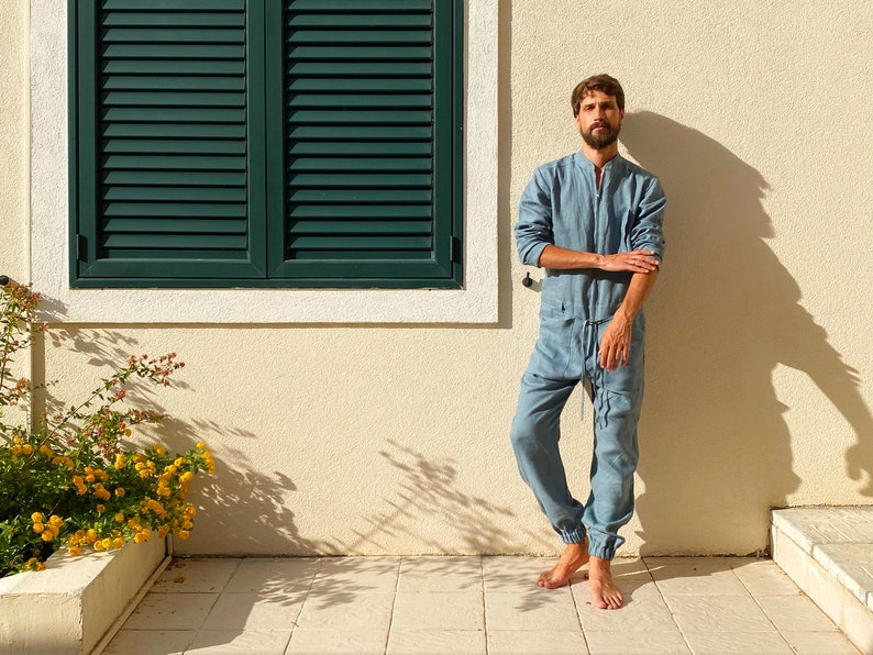 Mens linen jumpsuit, Mens overall, Mens romper, Jumpsuit for men, Blue-grey coveralls, Gift for him, Natural linen jumpsuit, Linen romper image 1