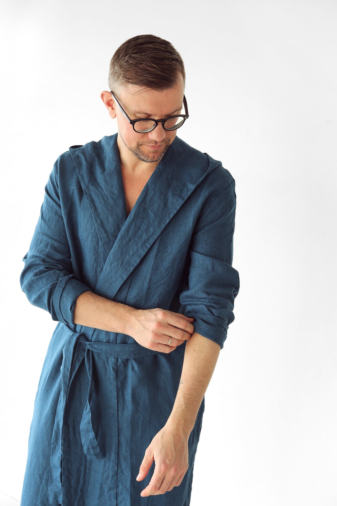 Mens linen bathrobe Navy blue hooded robe Hoodie bathrobe Etsy