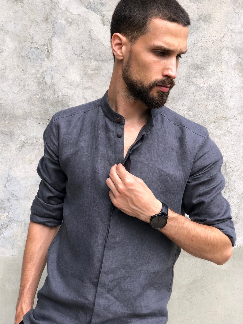 Mens Linen Shirt Summer Shirt Shirt For Men Wedding Shirt Gray Etsy