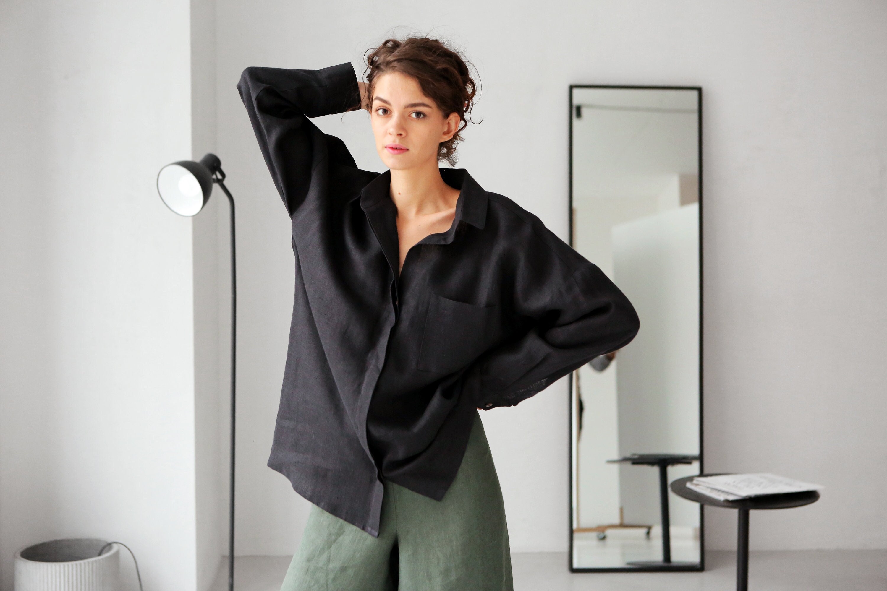 Womens Oversized Linen Shirt, Wide Sleeve Shirt, Dress Shirt
