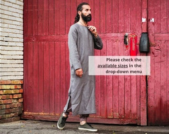 Leinen Kaftan mit Schlitzen, Herren Leinen Tunika, Kleid für Männer, Dunkelgraues Longshirt