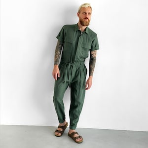 Mens linen jumpsuit, Mens overall, Mens romper, Jumpsuit for men, Green coveralls, Gift for him, Natural linen jumpsuit, Linen romper