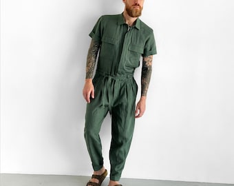 Mens linen jumpsuit, Mens overall, Mens romper, Jumpsuit for men, Green coveralls, Gift for him, Natural linen jumpsuit, Linen romper