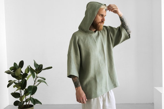 Mens Hooded T-shirt, Summer Green Hoodie, Linen Hoodie, Shirt for Men, Flax  T-shirt, Gift for Him, Beach Shirt, Linen Style 