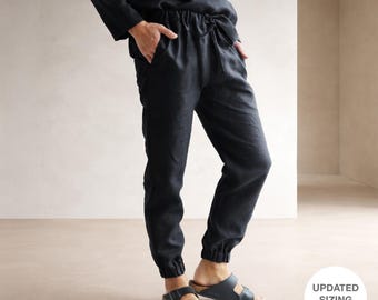 Men’s Linen Jogger Pants MOUNTAIN ASH in Black, Elastic Ankle Cuffs, Drawstring Waist