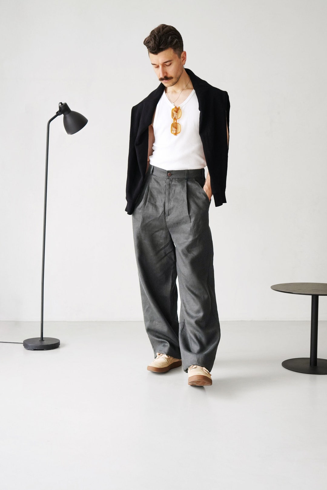 Wide Mens Linen Palazzo Pants With Pleats, High-waist Wide
