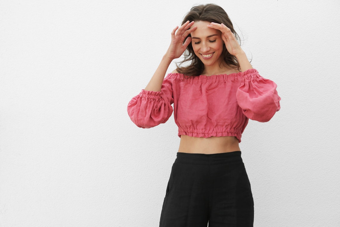 Peach printed off-shoulder top and pants