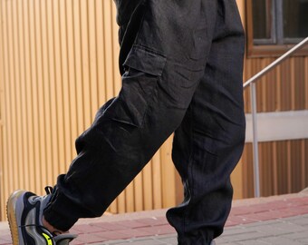 Mens Linen Cargo Pants With Side Pockets, Summer Pants, Black