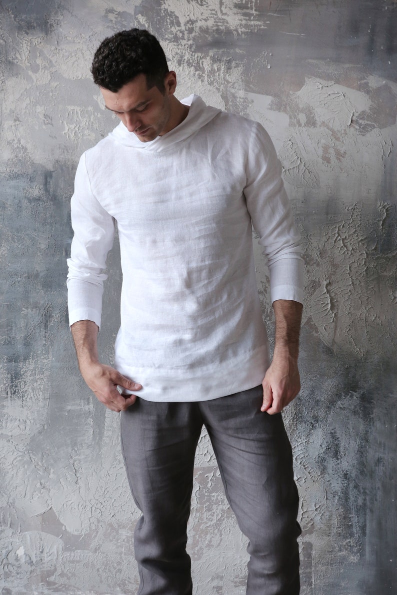 Mens linen hoodie,Linen loungewear, Sweatshirt, Shirt for men, White shirt, Hoodie Gift for him, Beach shirt Linen style menshirt, Flax image 2