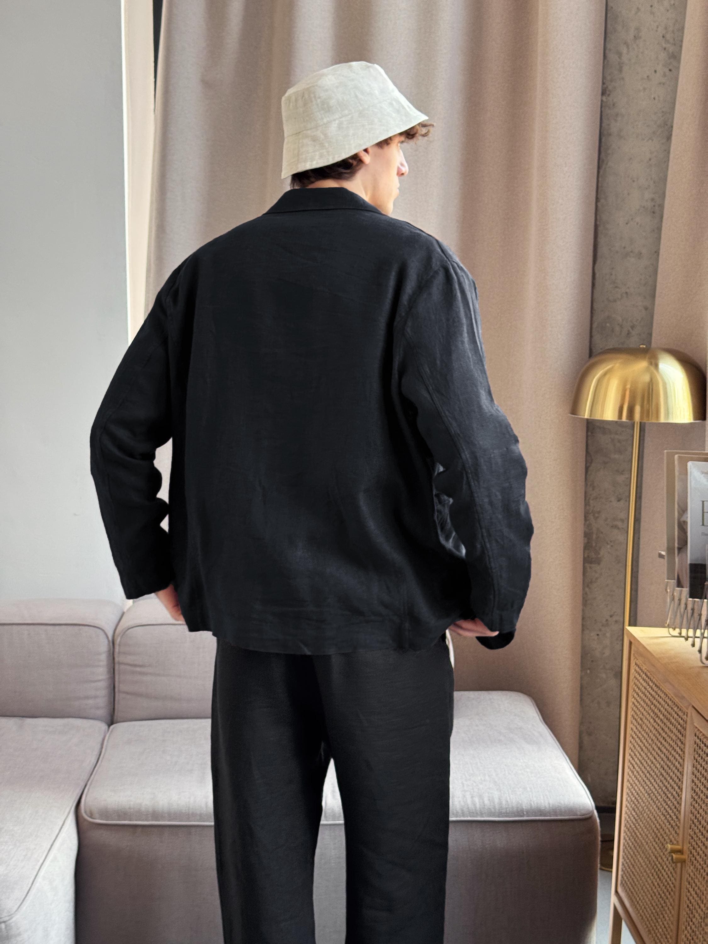 Linen Bomber Jacket for Men, Summer Cardigan, Bomber Jacket, Black