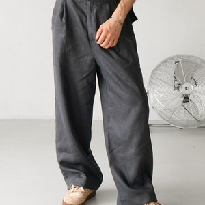 Wide mens linen palazzo pants with pleats, High-waist wide linen joggers, Mens trousers, Loose fit pants, Baggy pants image 4