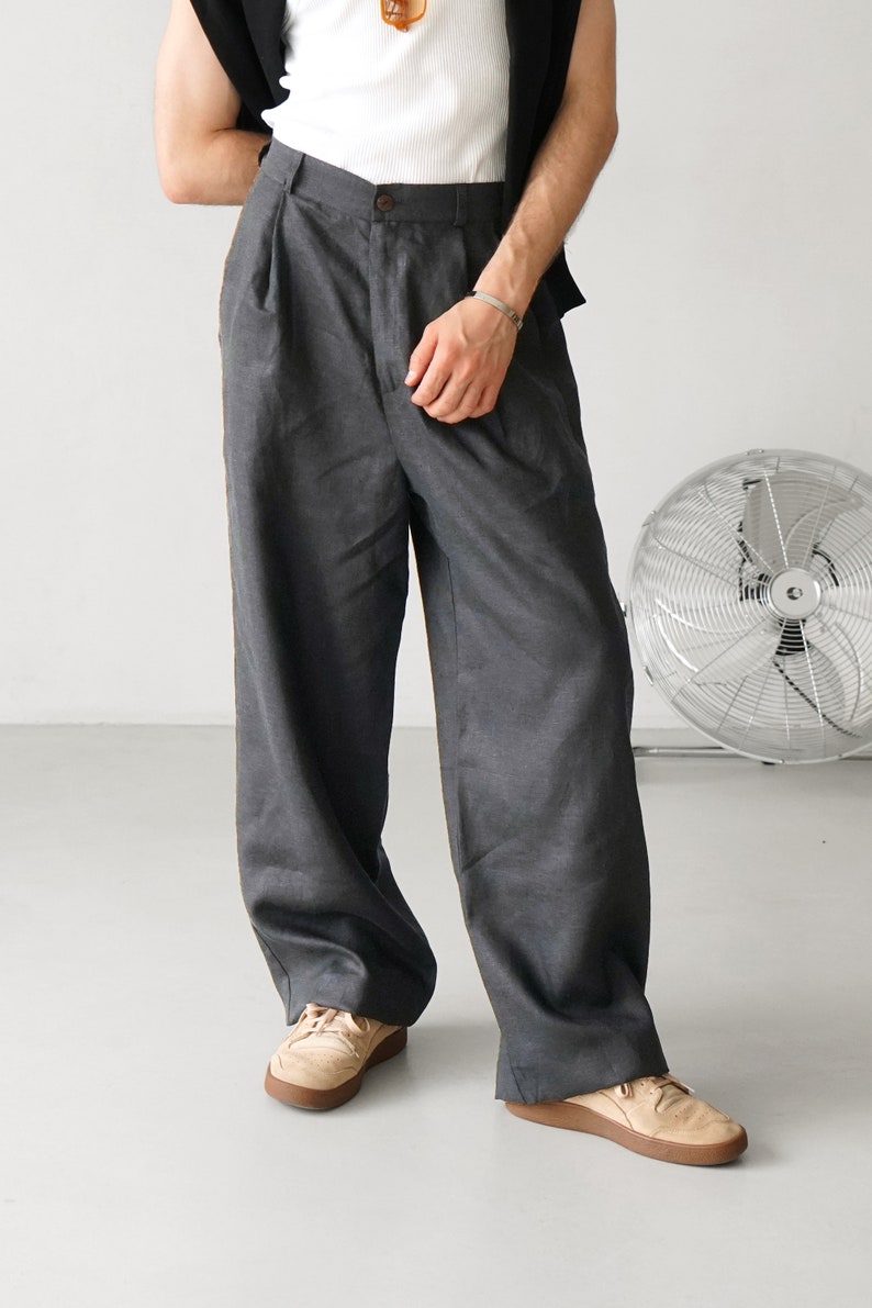 Wide mens linen palazzo pants with pleats, High-waist wide linen joggers, Mens trousers, Loose fit pants, Baggy pants image 4