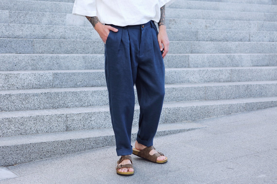 Mens Linen Pants With Pleats Linen Joggers Mens Trousers Etsy
