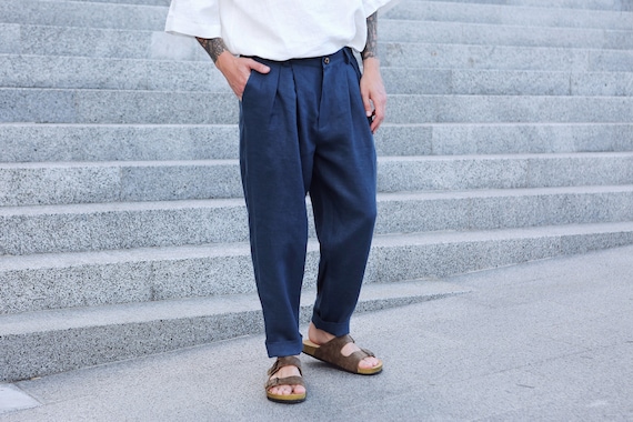 Mens Linen Pants With Pleats, Linen Joggers, Mens Trousers, Navy Blue Pants,  Loose Fit Pants, Baggy Pants -  Canada