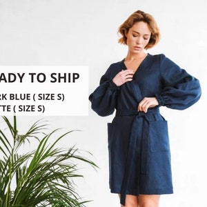 Linen kimono with pockets, Womens linen loungewear, Natural linen robe, Dark-blue kimono, Linen dress , Bathrobe, Gown sleepwear, Spa robe