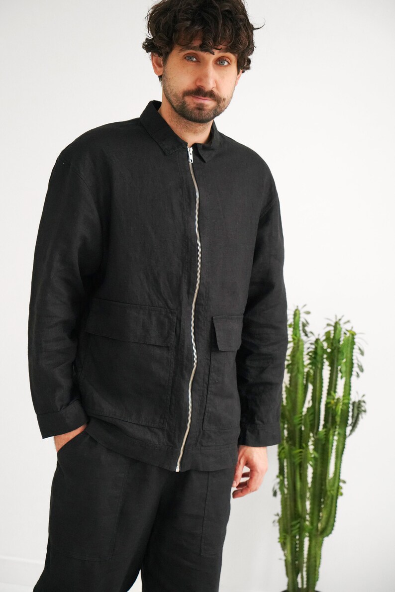 Mens linen bomber jacket, Summer cardigan, Bomber jacket, Black bomber jacket, Gift for him, Linen jacket, Linen coat image 7