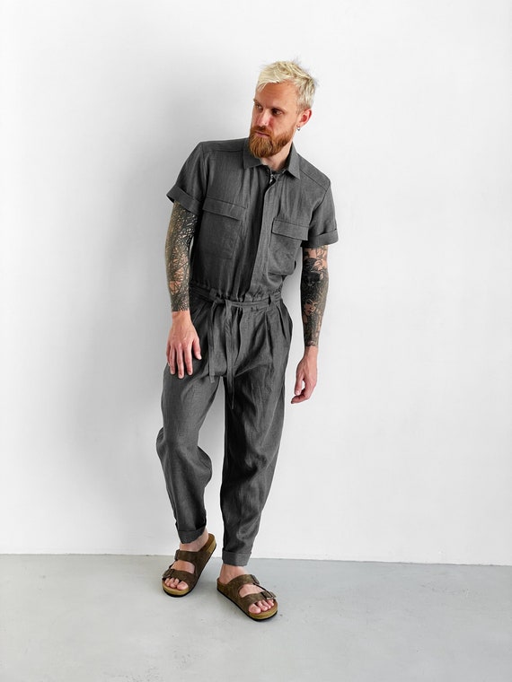 Mens Linen Jumpsuit, Mens Overall, Mens Romper, Jumpsuit for Men, Grey  Coveralls, Gift for Him, Natural Linen Jumpsuit, Linen Romper 